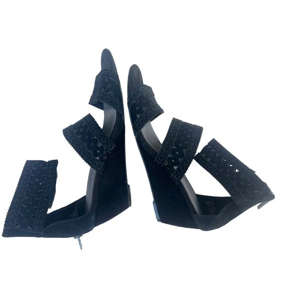 Reba Women’s Size 7 Baby Suede Open Toe Wedge Heels cut outs Leather Black - Picture 6 of 11
